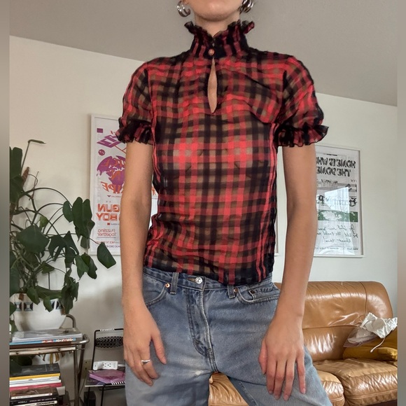 CHANEL (EU 34) SHEER BLOUSE PLAID GINGAM RUFFLE COLLAR - Picture 14 of 14